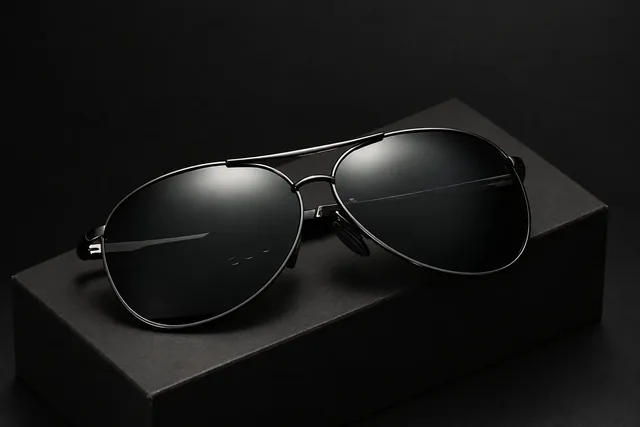 The AceShades aviators resting open on a black block against a dark ground