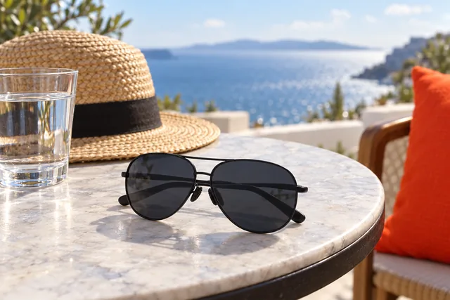 The AceShades aviator sunglasses lying on a marble cafe table on a seaside terrace, beside a glass of water and a straw hat