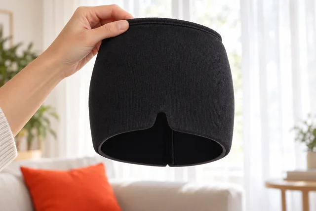One hand holding the black AcheSoothe cap up in a bright living room, its notched lower edge toward the camera