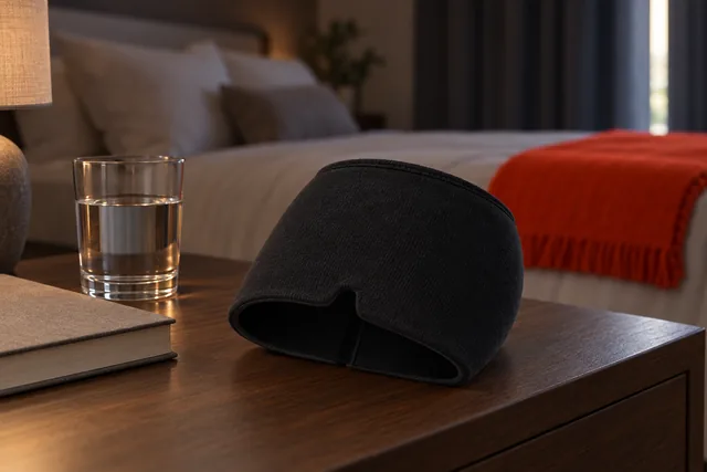 The black AcheSoothe cap lying on a bedside table beside a glass of water and a closed book, a made bed behind