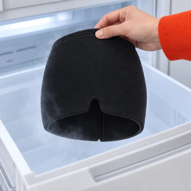 A hand lifting the black AcheSoothe cap out of an open freezer drawer, a faint cold mist around it