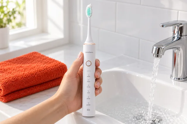 One hand holding the white AdvaSonic toothbrush upright at a bathroom sink, toothpaste on its head and the tap running