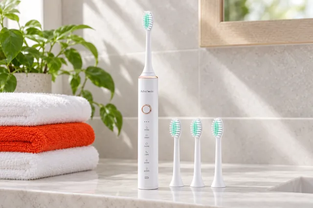 The white AdvaSonic toothbrush standing on a bathroom shelf with three spare heads in a row beside it, folded towels and a plant behind