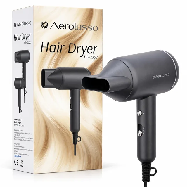 The dark gray AeroLusso hair dryer with its concentrator nozzle on, standing in front of its box on white, the box printed Aerolusso, Hair Dryer and HD-2358
