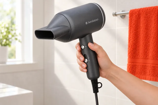 A hand holding the dark gray AeroLusso hair dryer in a bright tiled bathroom, its concentrator nozzle on, an orange towel on the rail behind