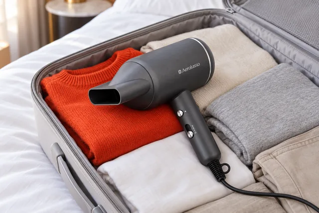 The dark gray AeroLusso hair dryer lying in an open suitcase on folded clothes on a bed, its cable looped beside it