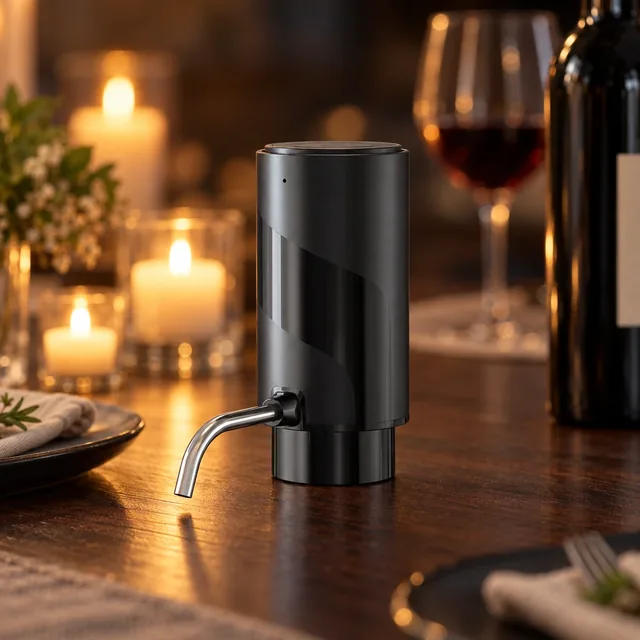 The AeroVinum standing on a dark wooden dinner table among lit candles, a glass of red wine and a wine bottle behind it
