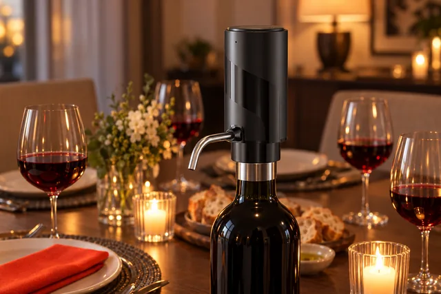 The black AeroVinum on a wine bottle in the middle of a dinner table with glasses of red wine, plates, bread and lit candles