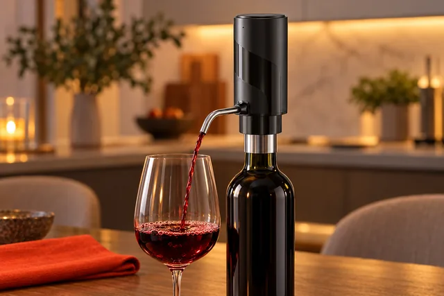 The black AeroVinum on top of a wine bottle on a table in warm evening light, red wine running from its steel spout into a glass