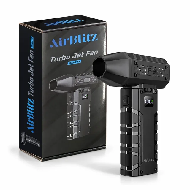 The black AirBlitz blower standing in front of its black box on white, its screen reading 100%, the box printed AirBlitz, Turbo Jet Fan and Model: F9