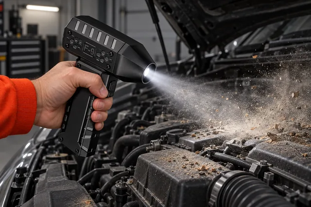 A hand pointing the black AirBlitz into a car's engine bay, its nozzle light on and a cloud of dust blowing out