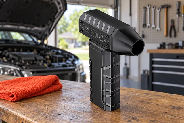 The black AirBlitz standing upright on a wooden garage workbench, a car with its hood open and a wall of tools behind