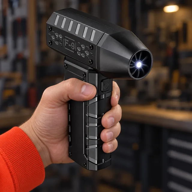 A hand holding the black AirBlitz with its nozzle toward the camera, the LED lit at its center and the F-9 badge on the side