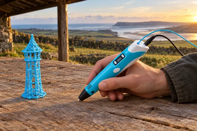 Una mano dibuja con el bolígrafo AirGraph azul claro sobre una mesa de madera envejecida, con el cable y el filamento entrando por arriba y una torre de filamento azul al lado