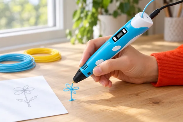 Una mano dibuja con el bolígrafo AirGraph una pequeña flor de filamento azul claro junto al boceto de una flor a lápiz, con rollos de filamento sobre la mesa