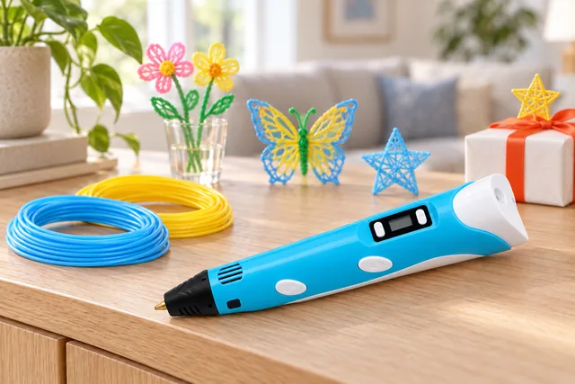 El bolígrafo AirGraph azul claro sobre un aparador de madera, con flores de filamento en un vaso, una mariposa y una estrella de filamento y un regalo envuelto detrás