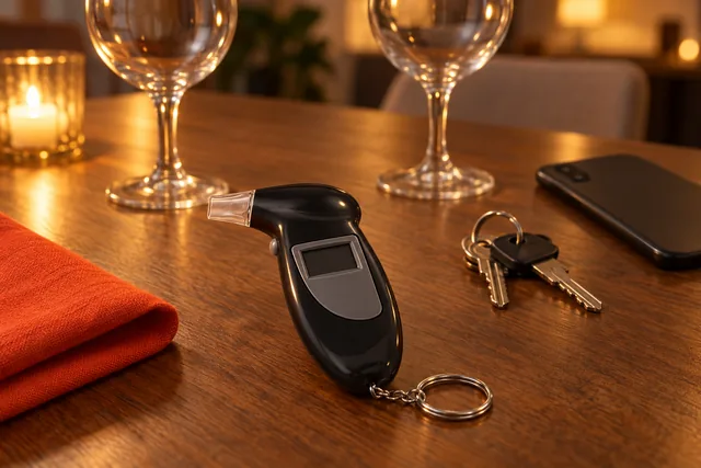 The black AlcoGate lying on a wooden dinner table beside two empty wine glasses, a set of keys and a phone, candles lit behind