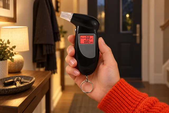 A hand holding the black AlcoGate up by a front door in warm evening light, its red display lit, house keys on the hall table