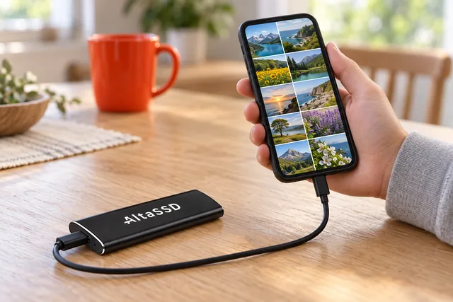 Den sorte AltaSSD på et køkkenbord med et kabel fra porten til en telefon i en hånd, og på telefonens skærm et gitter af billeder