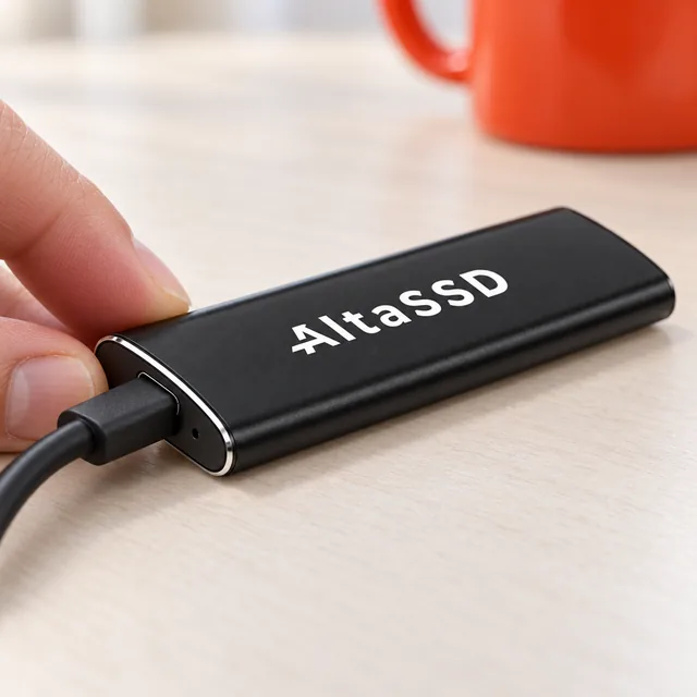 En hånd sætter et USB-C-kabel i enden af den sorte AltaSSD, med det hvide logo på oversiden