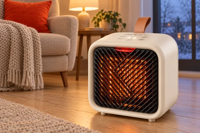 Den cremefarvede ApexHeat på et trægulv i en stue i skumringen, med elementet glødende orange bag det sorte gitter og en lænestol bagved