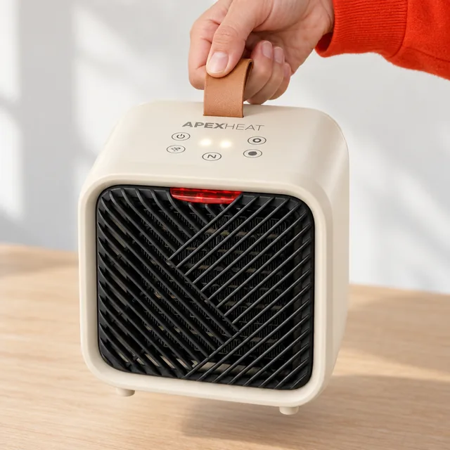 En hånd løfter den cremefarvede ApexHeat i den lysebrune læderrem, med touchbetjeningen og logoet på toppen