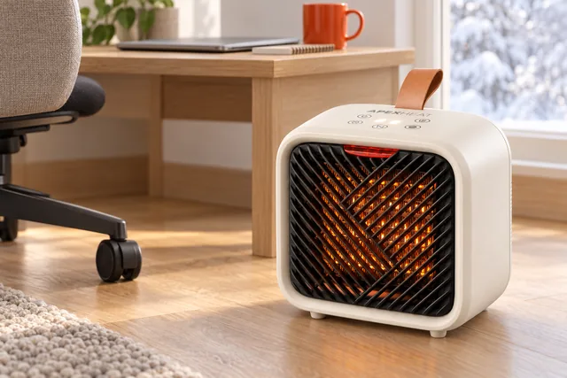 Den cremefarvede ApexHeat gløder på gulvet på et hjemmekontor ved siden af en kontorstol, med sne uden for vinduet