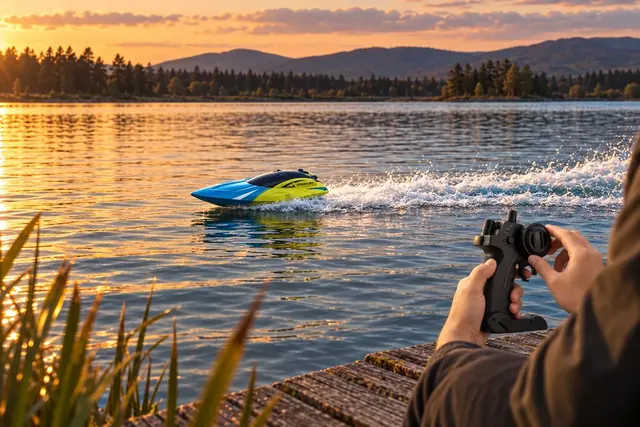 The blue and lime green AquaFury boat crossing a lake at sunset with a white wake, two hands holding its black remote at the edge