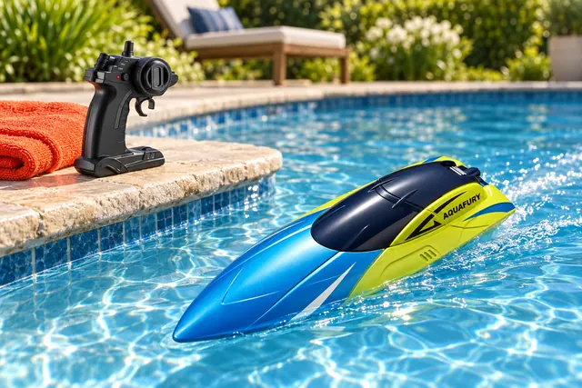 The AquaFury boat on the blue water of a garden pool by its stone edge, the black remote standing on the edge beside a folded towel