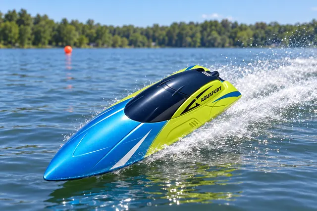 The blue and lime green AquaFury boat speeding across a lake, white spray behind it and a shore of trees beyond