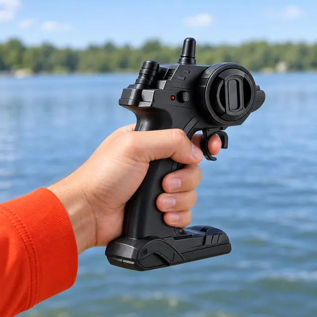 A hand holding the black AquaFury pistol grip remote by a lake, its wheel and antenna at the top