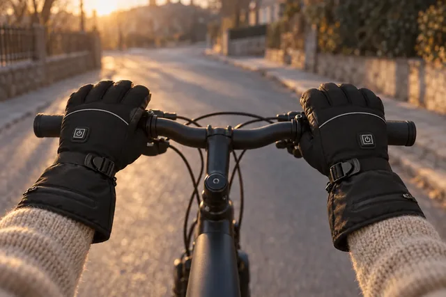 Two hands in the black AscentArc gloves on a bicycle's handlebars on a quiet street at dawn, the square buttons and the wrist straps in view