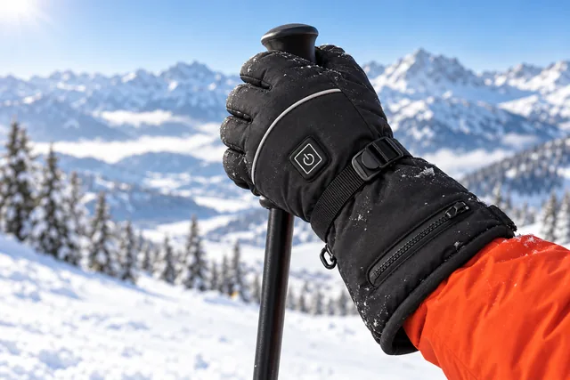 A hand in a black AscentArc heated glove gripping a ski pole above a snowy mountain slope, the power button on the back of the glove