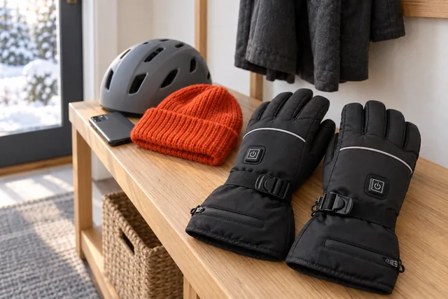 A pair of black AscentArc heated gloves on a wooden hallway bench beside a knitted hat, a bicycle helmet and a phone