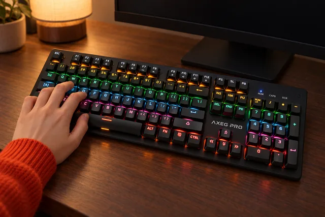 En hånd på AXEG Pro Keyboard på et skrivebord af træ om aftenen, med alle taster oplyst i regnbuens farver og en skærm bagved