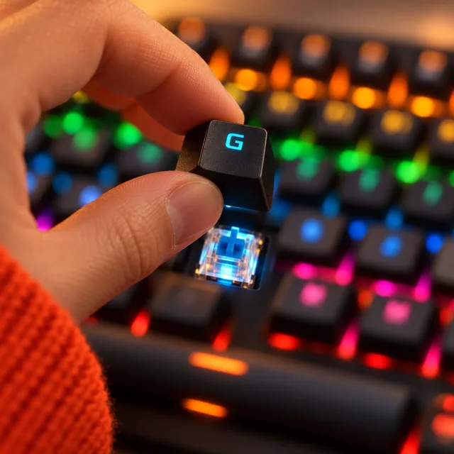 To fingre løfter G-tasten af det oplyste AXEG Pro Keyboard, og under den ses den gennemsigtige blå switch