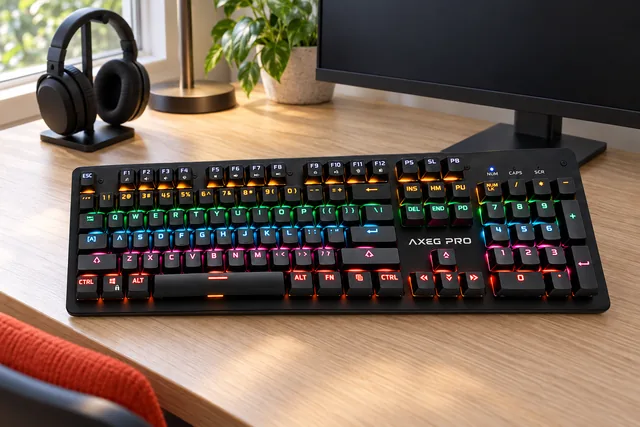 AXEG Pro Keyboard oplyst i regnbuens farver på et lyst skrivebord af træ foran en skærm, med et headset på sin holder bagved