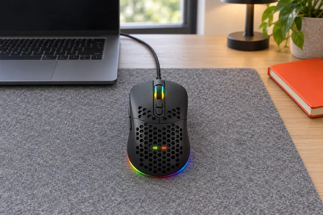 The black AXEG Pro Mouse on a gray felt desk pad in front of an open laptop, its cable running behind and its base strip lit