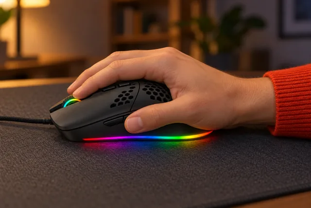 A hand on the black honeycomb AXEG Pro Mouse on a dark desk pad, its scroll wheel and the strip along its base lit in rainbow colors