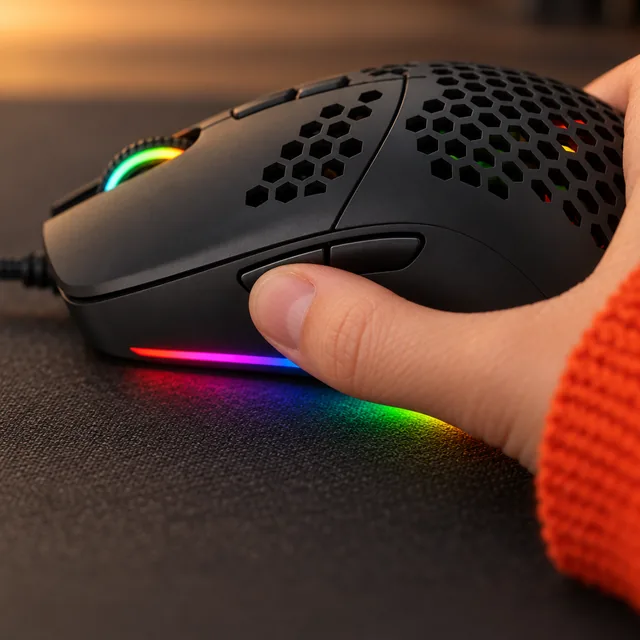A thumb by the two buttons on the left side of the black AXEG Pro Mouse, the honeycomb shell and the lit base strip in view