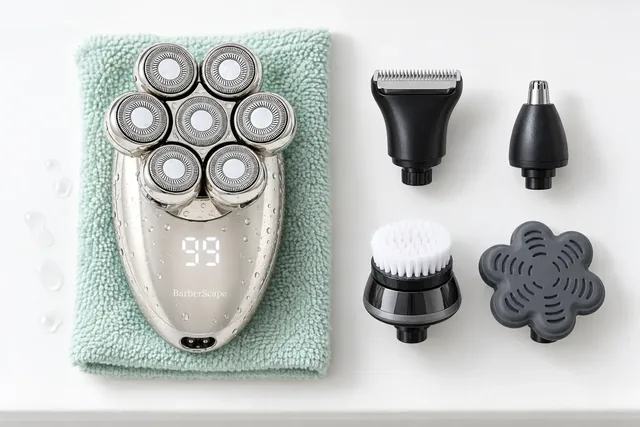The BarberScape shaver beaded with water on a folded mint towel, seen from above with its seven heads and lit readout, a trimmer head, a nose trimmer head, a brush head and a gray flower shaped protective cap beside it