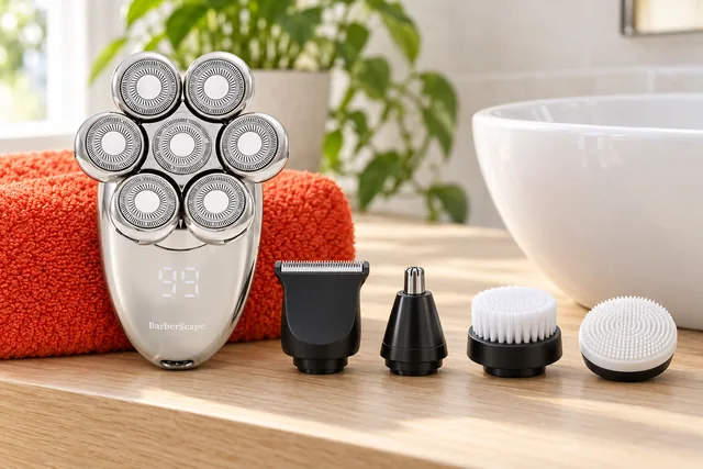 The silver BarberScape shaver standing on a bathroom shelf by the basin, a trimmer head, a nose trimmer, a bristle brush and a silicone brush beside it