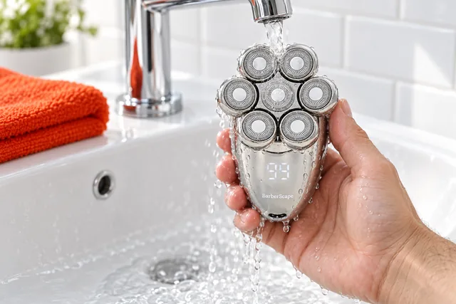 A hand holding the silver BarberScape shaver under a running tap at a white basin, its seven round heads up and its readout lit