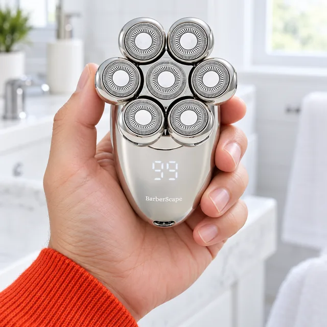 A hand holding the silver BarberScape shaver with its seven round rotary heads toward the camera, its readout lit
