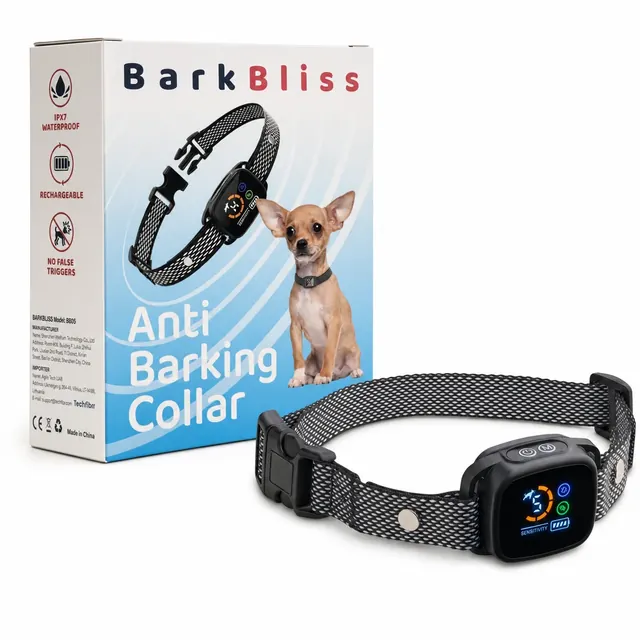 The BarkBliss collar, a black and white weave strap with a side release buckle and a black unit with a lit screen, in front of its white and blue box, on white