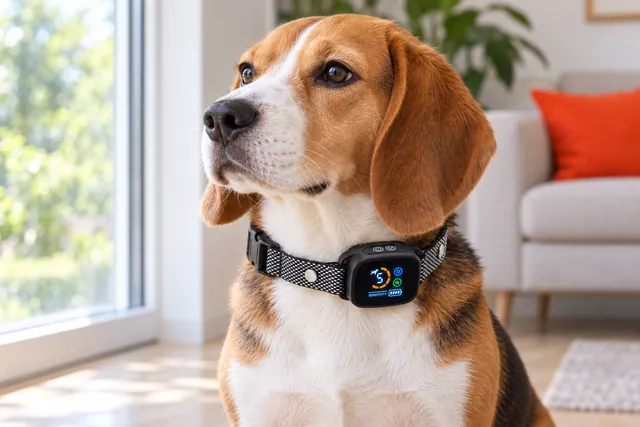 A beagle sitting by a living room window wearing the BarkBliss collar, its color screen lit