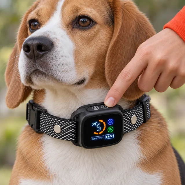 A fingertip on a button on top of the BarkBliss unit on a beagle's collar, its color screen lit
