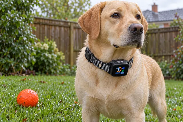 A yellow Labrador standing on wet grass in a fenced garden wearing the BarkBliss collar, a ball on the lawn beside it