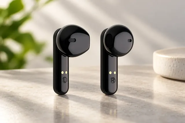 De to sorte BeetzMax Earbuds står på en stenbordplade med L og R på stilkene