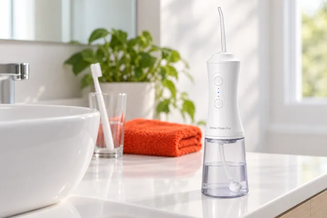 Den hvide BetterFloss Pro står på en bordplade på badeværelset ved siden af et glas med en tandbørste og et sammenfoldet håndklæde